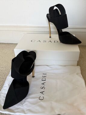 Casadei Black Pointed Slingback Stiletto Heels with Gold Heel
